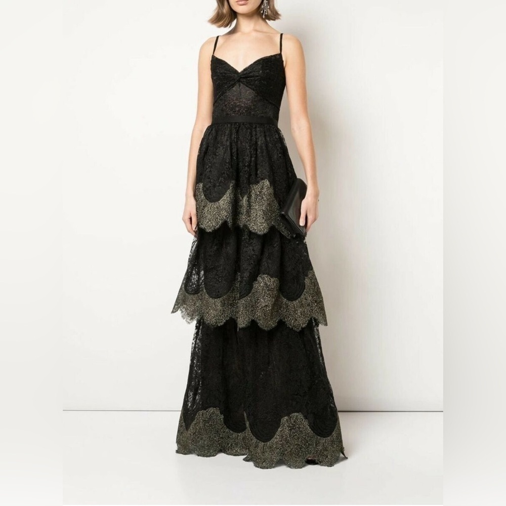 NWT MARCHESA NOTTE SLEEVELESS METALLIC SCALLOP LACE GOWN IN BLACK - Picture 11 of 11